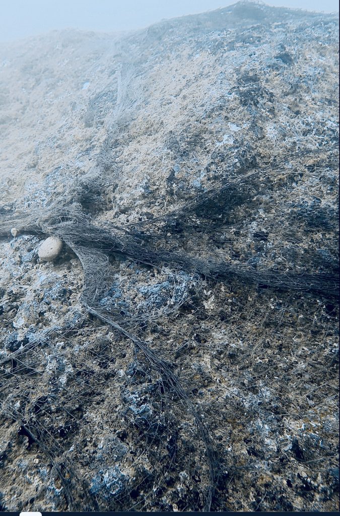 underwater view of a ghost fishing net tangled on a boulder in a reef